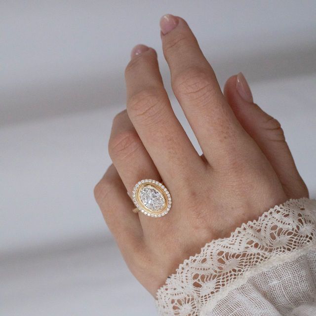 2.51 Carat Lab Grown Oval Diamond Halo Engagement Ring in Yellow Gold - Suri