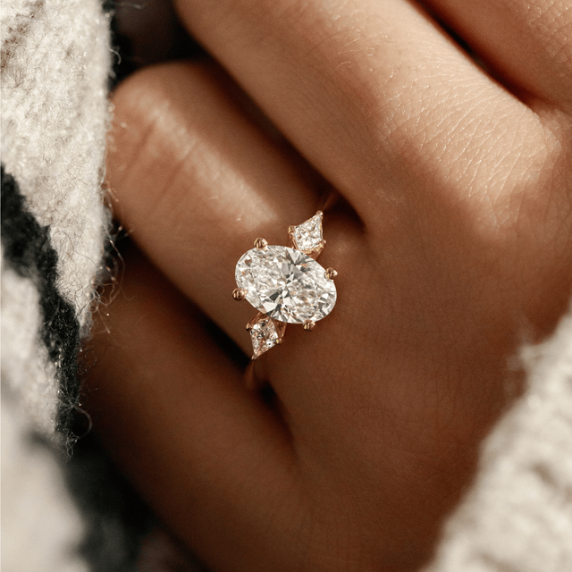 1.50 Carat Lab Grown Oval Diamond Trilogy Engagement Ring in Yellow Gold - Anam Cara