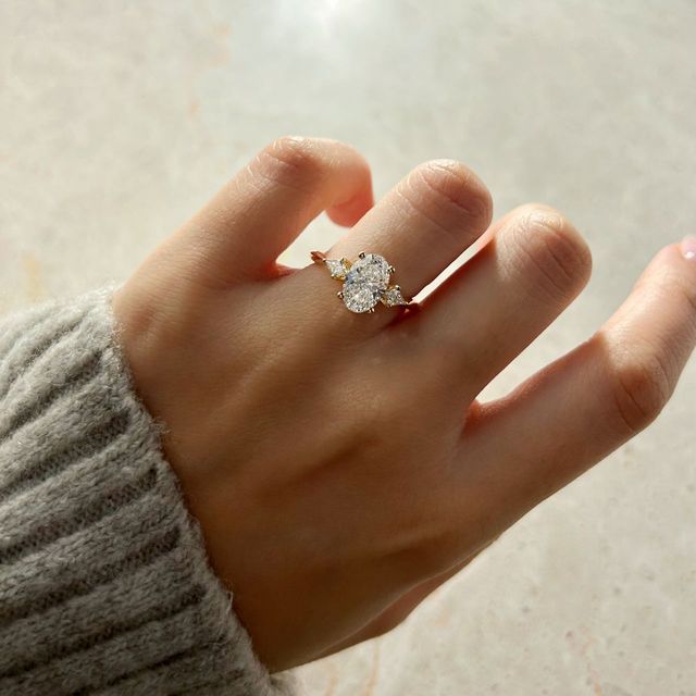 1.50 Carat Lab Grown Oval Diamond Trilogy Engagement Ring in Yellow Gold - Anam Cara