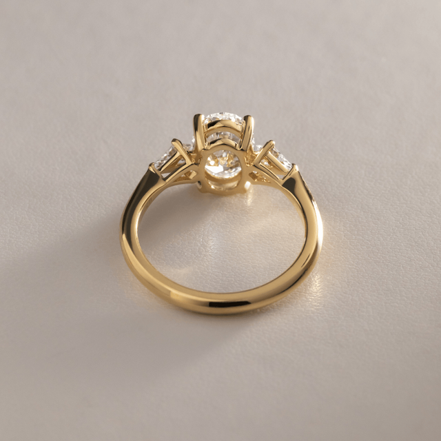 1.50 Carat Lab Grown Oval Diamond Trilogy Engagement Ring in Yellow Gold - Anam Cara
