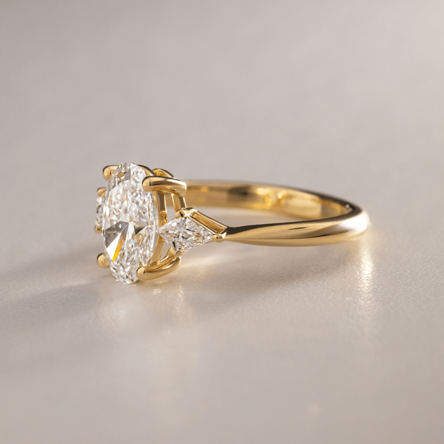 1.50 Carat Lab Grown Oval Diamond Trilogy Engagement Ring in Yellow Gold - Anam Cara