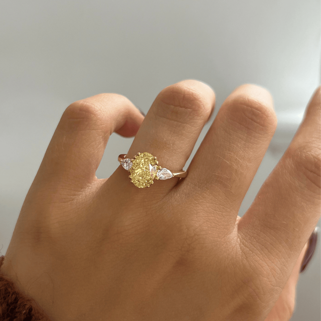 2.20 Carat Yellow Oval Diamond Trilogy Double Claw Engagement Ring in Yellow Gold - Vivian