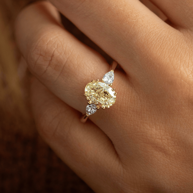 2.20 Carat Yellow Oval Diamond Trilogy Double Claw Engagement Ring in Yellow Gold - Vivian