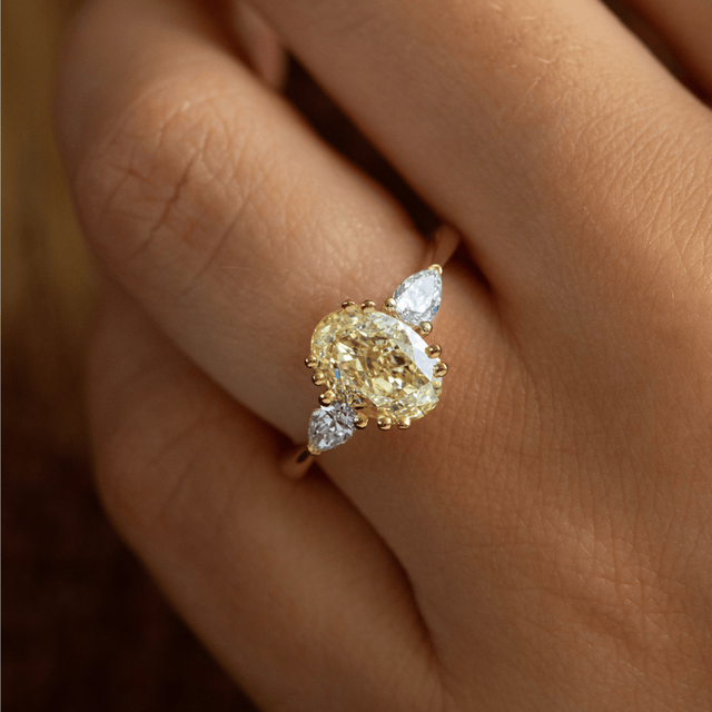 2.20 Carat Yellow Oval Diamond Trilogy Double Claw Engagement Ring in Yellow Gold - Vivian