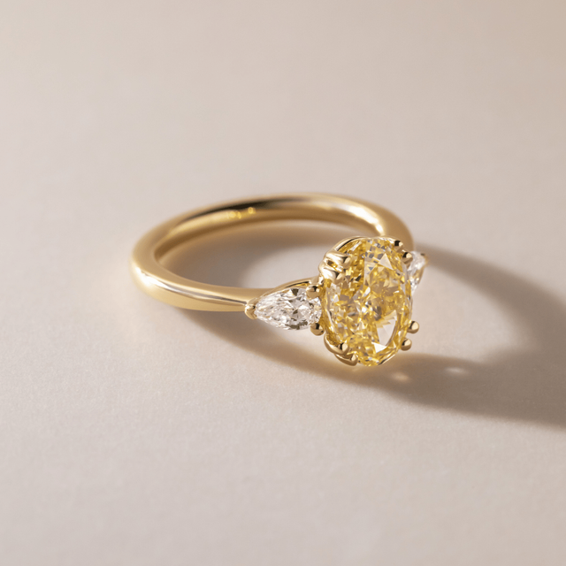 2.20 Carat Yellow Oval Diamond Trilogy Double Claw Engagement Ring in Yellow Gold - Vivian