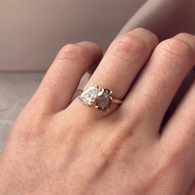 Toi Et Moi Natural Pear And Oval Brown Diamond Engagement Ring in Yellow Gold