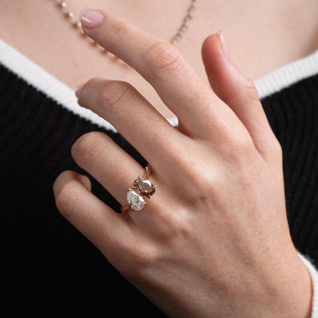 Toi Et Moi Natural Pear And Oval Brown Diamond Engagement Ring in Yellow Gold