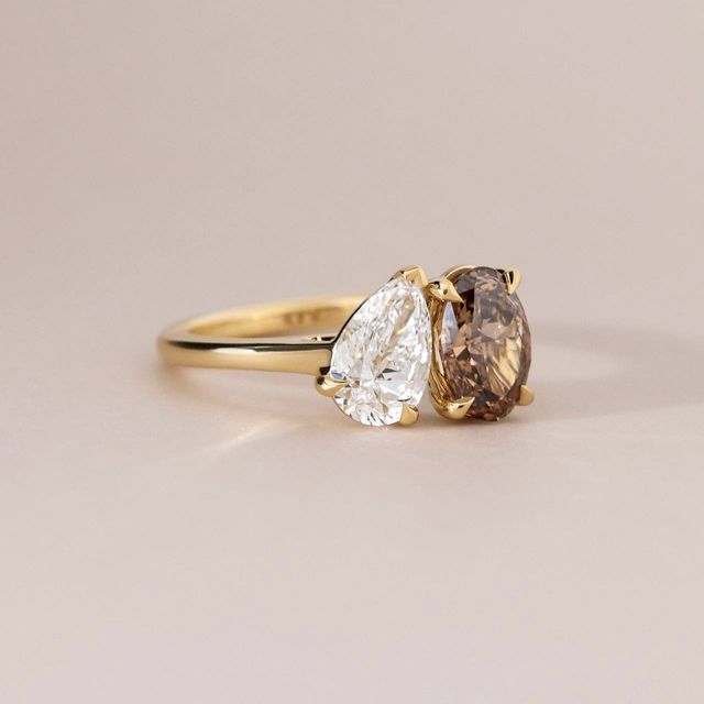 Toi Et Moi Natural Pear And Oval Brown Diamond Engagement Ring in Yellow Gold