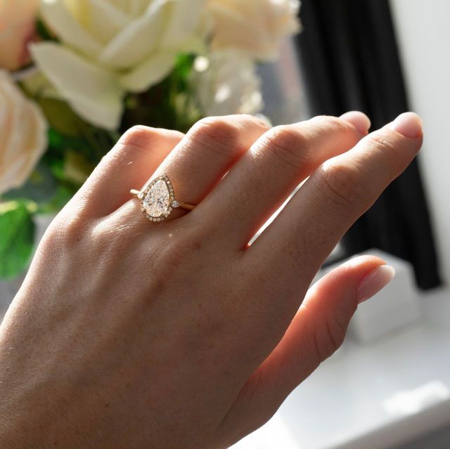 2.05 Carat Lab Grown Pear Diamond Halo Trilogy Engagement Ring in Yellow Gold - Maria