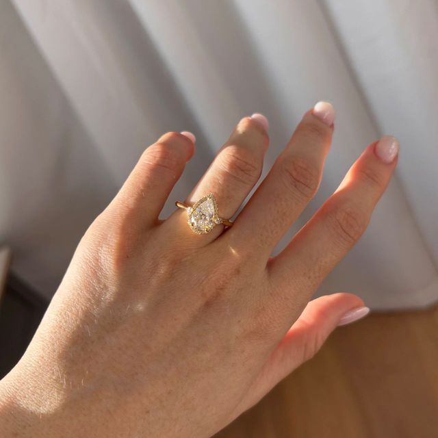 2.05 Carat Lab Grown Pear Diamond Halo Trilogy Engagement Ring in Yellow Gold - Maria