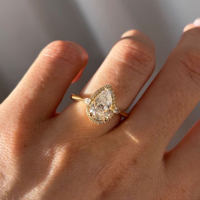 2.05 Carat Lab Grown Pear Diamond Halo Trilogy Engagement Ring in Yellow Gold - Maria
