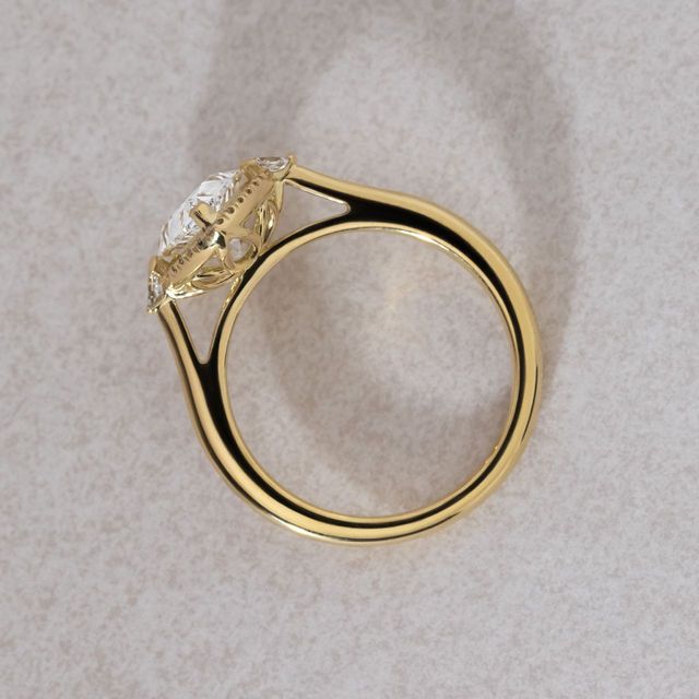 2.05 Carat Lab Grown Pear Diamond Halo Trilogy Engagement Ring in Yellow Gold - Maria