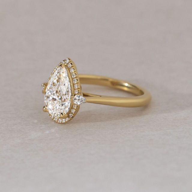 2.05 Carat Lab Grown Pear Diamond Halo Trilogy Engagement Ring in Yellow Gold - Maria