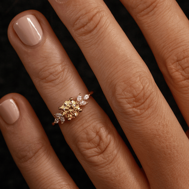 1.00 Carat Yellow Brown Round Diamond Cluster Engagement Ring in Yellow Gold - Adriana