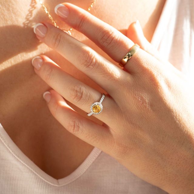 1 Carat Natural Round Yellow Sapphire Halo Engagement Ring in White Gold