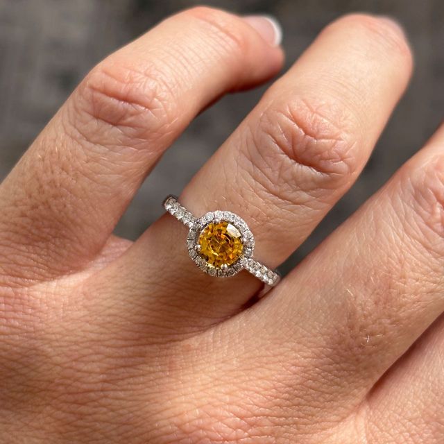 1 Carat Natural Round Yellow Sapphire Halo Engagement Ring in White Gold