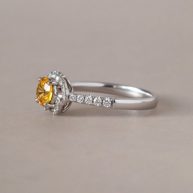1 Carat Natural Round Yellow Sapphire Halo Engagement Ring in White Gold