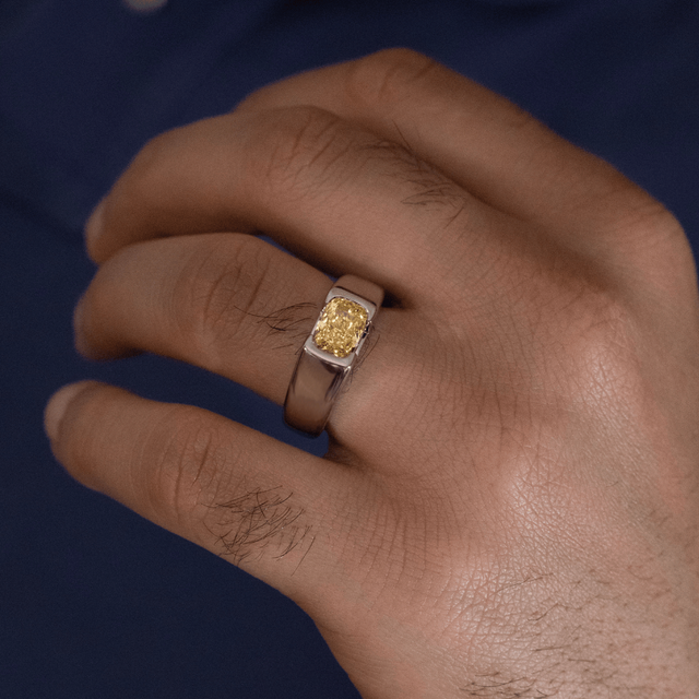 1.90 Carat Elongated Cushion Yellow Diamond Men's Open Bezel Ring in Platinum - Jarred