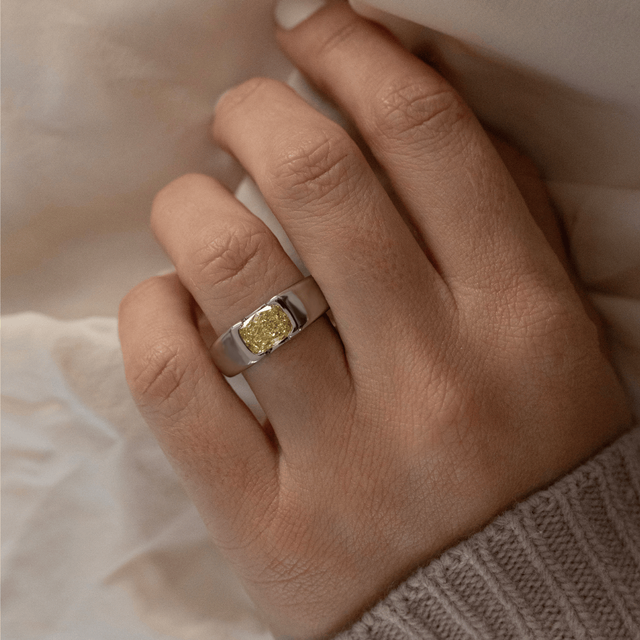 1.90 Carat Elongated Cushion Yellow Diamond Men's Open Bezel Ring in Platinum - Jarred