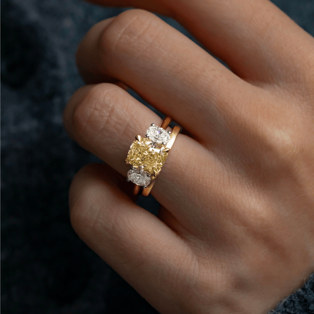 2.60 Carat Elongated Cushion Yellow Diamond Trilogy Bespoke Engagement Ring in Two Tone