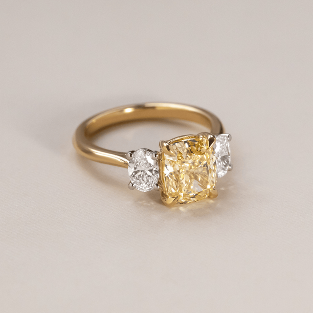 2.60 Carat Elongated Cushion Yellow Diamond Trilogy Bespoke Engagement Ring in Two Tone