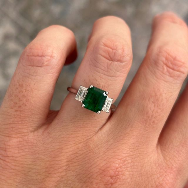 2.40 Carat Natural Emerald-Cut Green Emerald Trilogy Engagement Ring in Platinum - Vedette