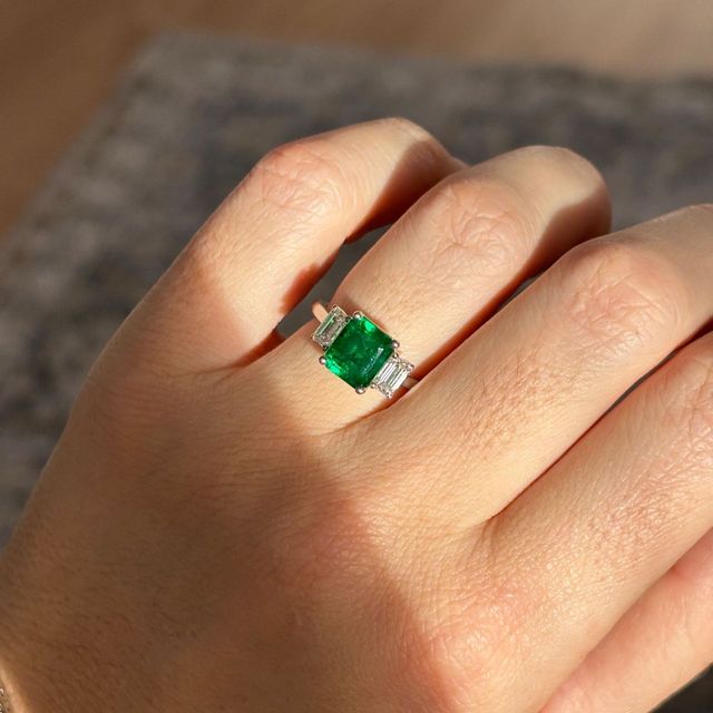 2.40 Carat Natural Emerald-Cut Green Emerald Trilogy Engagement Ring in Platinum - Vedette