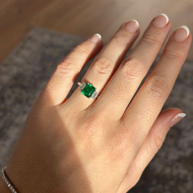 2.40 Carat Natural Emerald-Cut Green Emerald Trilogy Engagement Ring in Platinum - Vedette