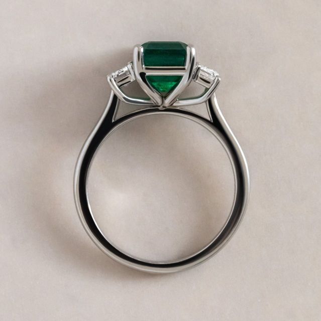 2.40 Carat Natural Emerald-Cut Green Emerald Trilogy Engagement Ring in Platinum - Vedette