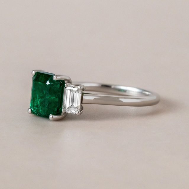 2.40 Carat Natural Emerald-Cut Green Emerald Trilogy Engagement Ring in Platinum - Vedette