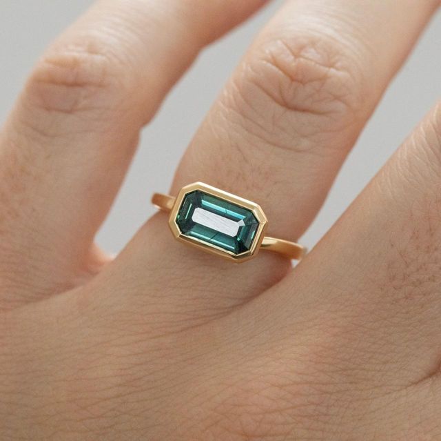 2.12 Carat Natural Emerald Teal Sapphire Bezel Set Engagement Ring in Yellow Gold - Sydney