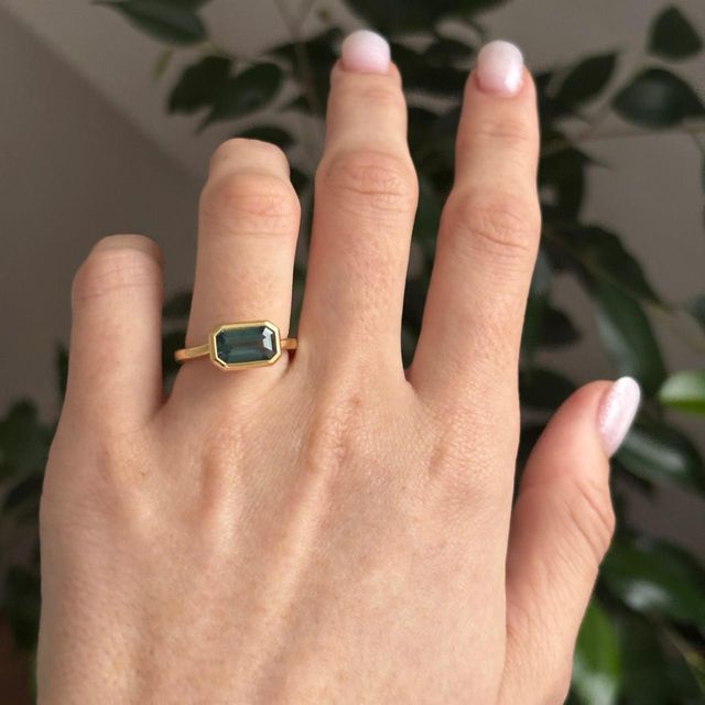 2.12 Carat Natural Emerald Teal Sapphire Bezel Set Engagement Ring in Yellow Gold - Sydney