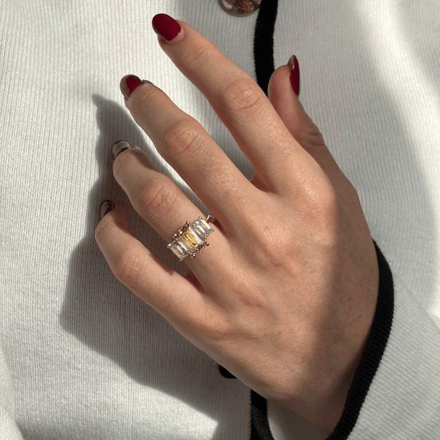 3.60 Carat Yellow Emerald Diamond Trilogy Engagement Ring in Yellow Gold - Cairo