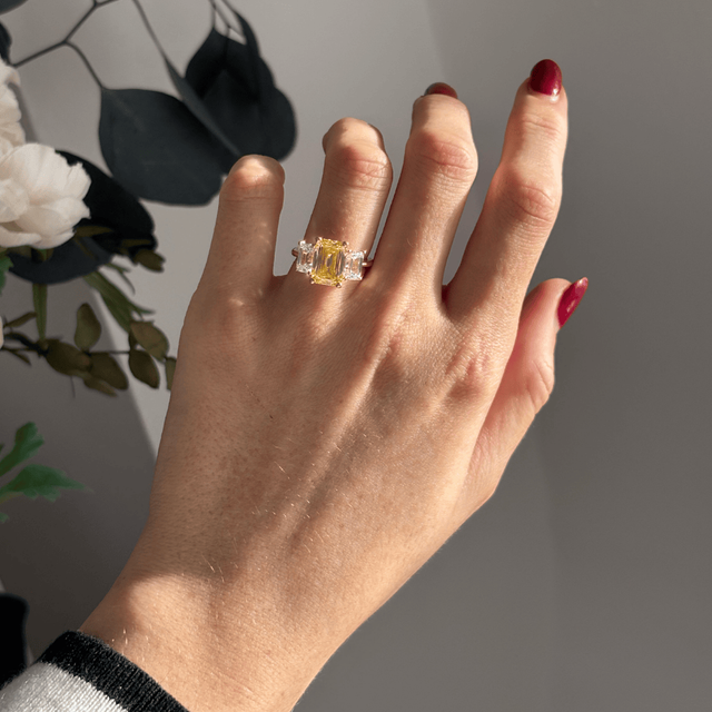 3.60 Carat Yellow Emerald Diamond Trilogy Engagement Ring in Yellow Gold - Cairo