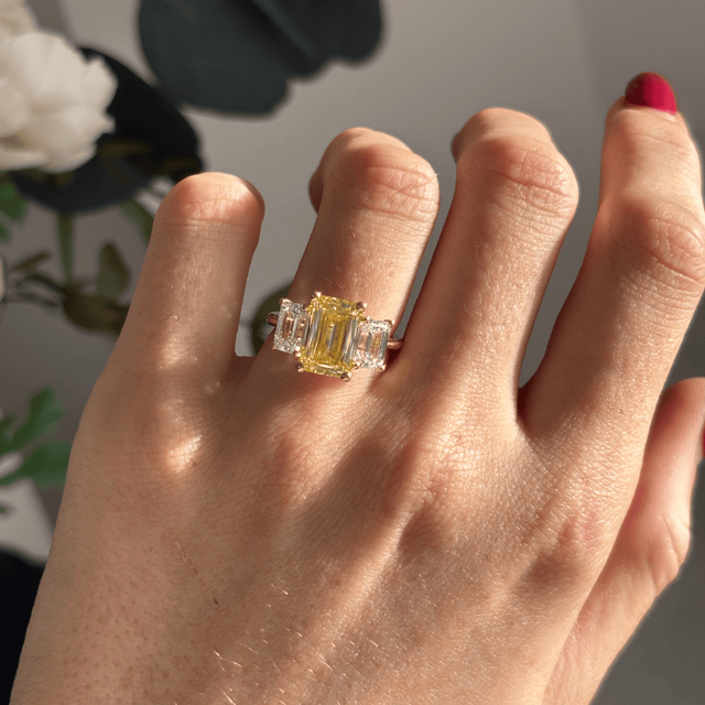 3.60 Carat Yellow Emerald Diamond Trilogy Engagement Ring in Yellow Gold - Cairo