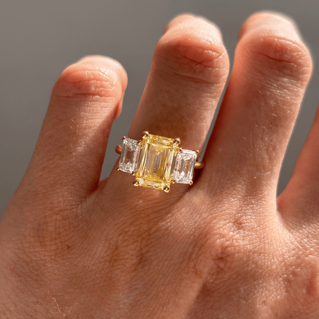 3.60 Carat Yellow Emerald Diamond Trilogy Engagement Ring in Yellow Gold - Cairo