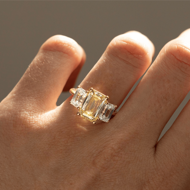 3.60 Carat Yellow Emerald Diamond Trilogy Engagement Ring in Yellow Gold - Cairo