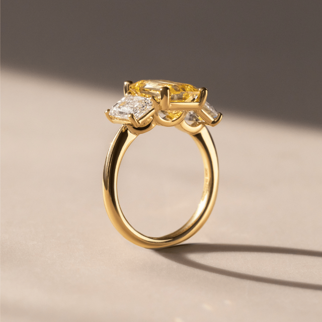 3.60 Carat Yellow Emerald Diamond Trilogy Engagement Ring in Yellow Gold - Cairo