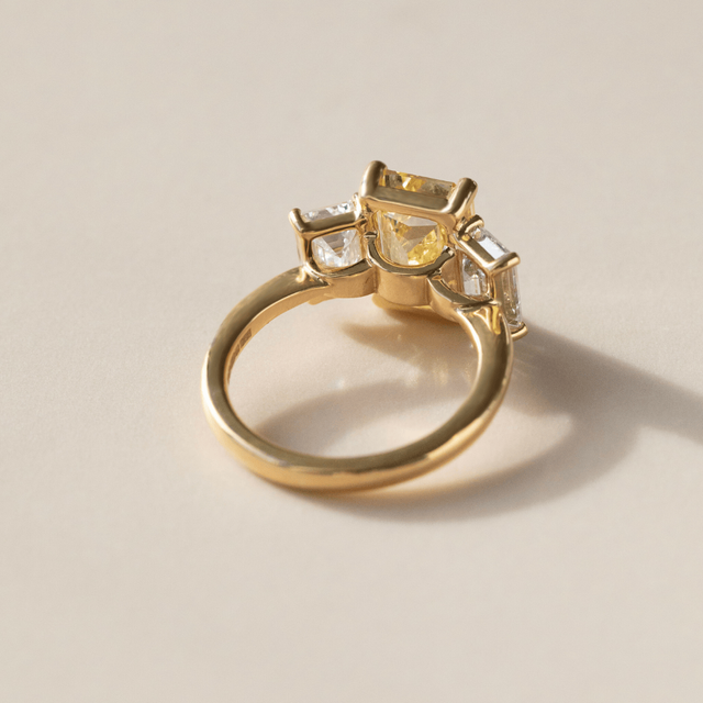 3.60 Carat Yellow Emerald Diamond Trilogy Engagement Ring in Yellow Gold - Cairo