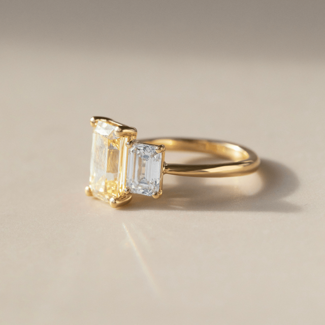 3.60 Carat Yellow Emerald Diamond Trilogy Engagement Ring in Yellow Gold - Cairo
