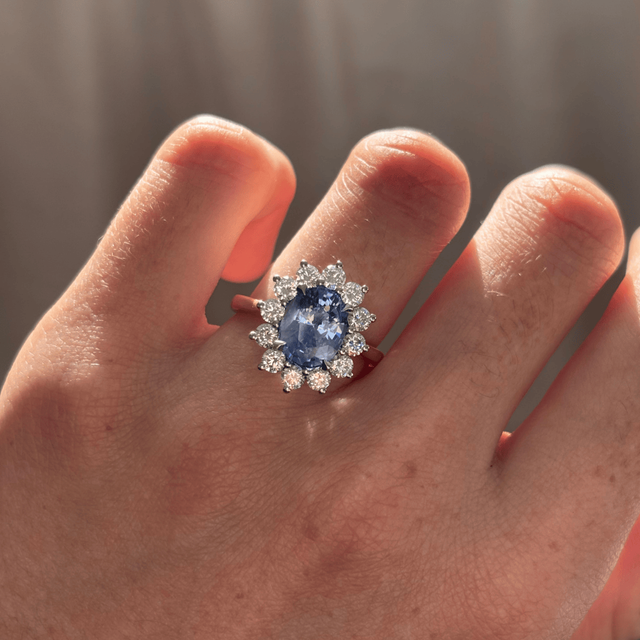 3.30 Carat Lab Grown Oval Blue Sapphire Cluster Engagement Ring in Two Tone - Windermere
