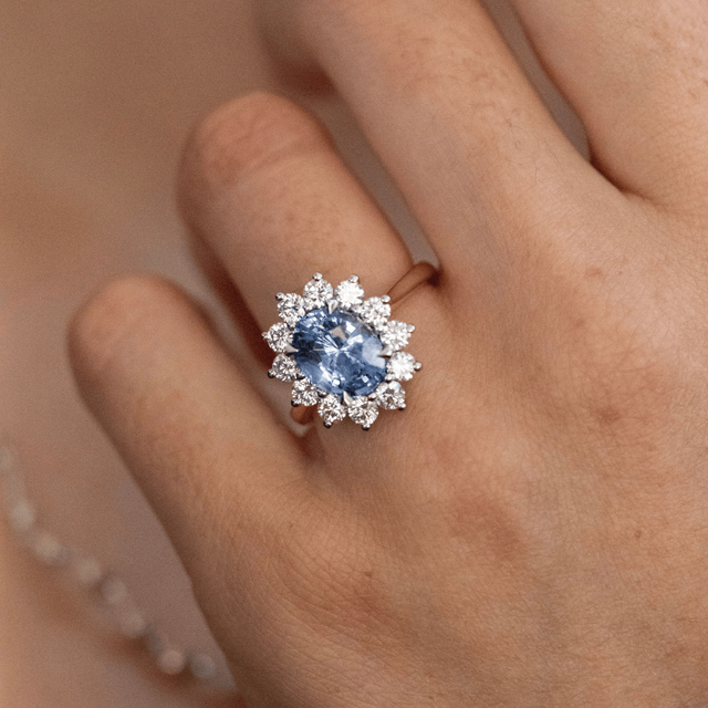 3.30 Carat Lab Grown Oval Blue Sapphire Cluster Engagement Ring in Two Tone - Windermere