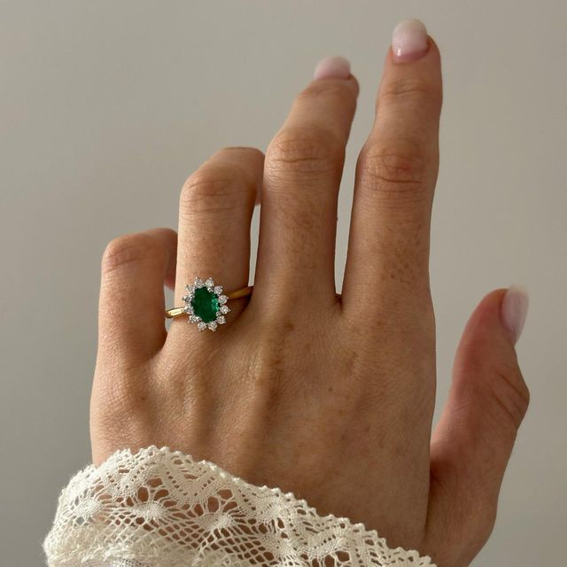 0.84 Carat Natural Oval Green Emerald Cluster Two Tone Engagement Ring - Windermere