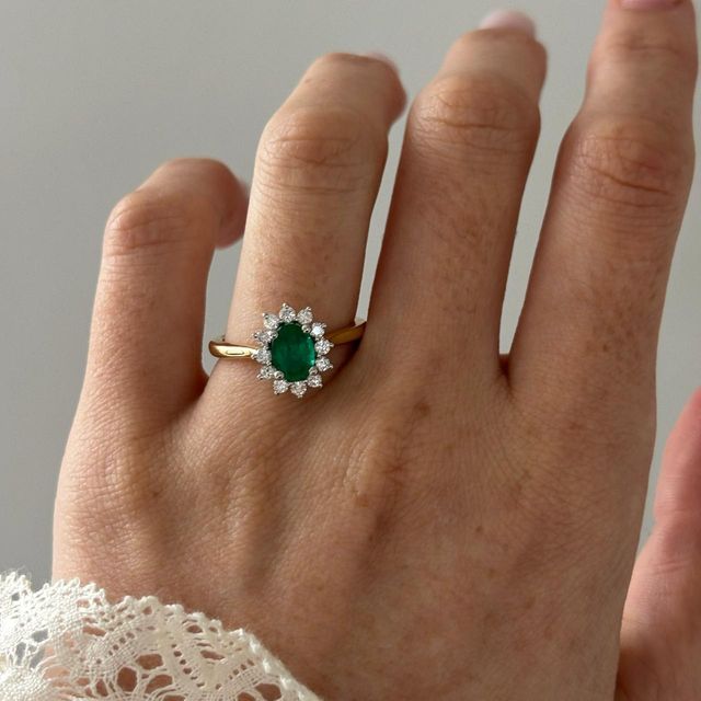 0.84 Carat Natural Oval Green Emerald Cluster Two Tone Engagement Ring - Windermere