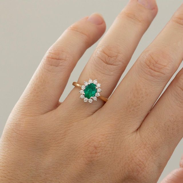 0.84 Carat Natural Oval Green Emerald Cluster Two Tone Engagement Ring - Windermere