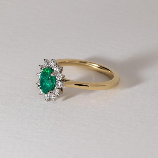 0.84 Carat Natural Oval Green Emerald Cluster Two Tone Engagement Ring - Windermere