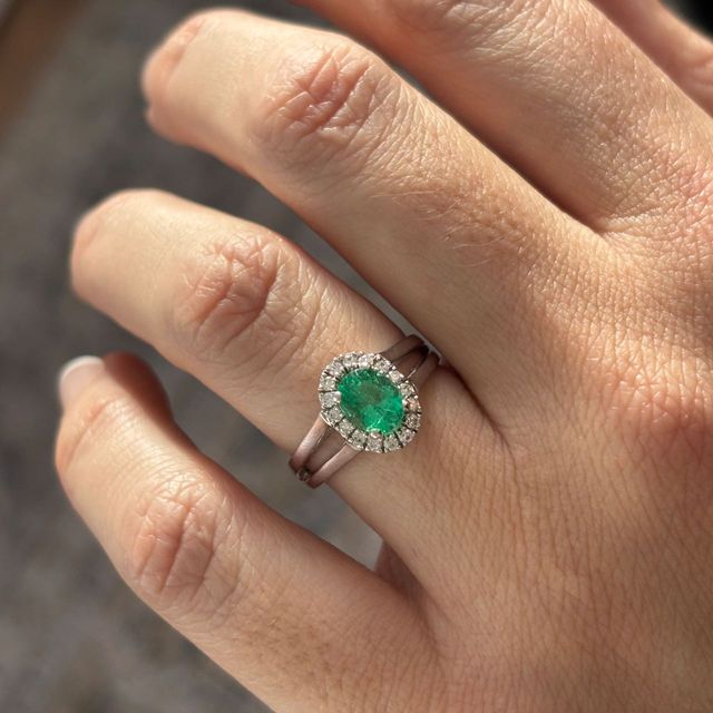 0.72 Carat Oval Green Emerald Halo Bespoke Engagement Ring in White Gold