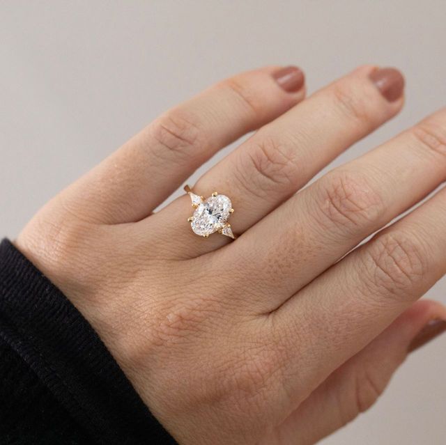 2.43 Carat Lab Grown Oval Diamond Trilogy Engagement Ring in Yellow Gold - Anam Cara