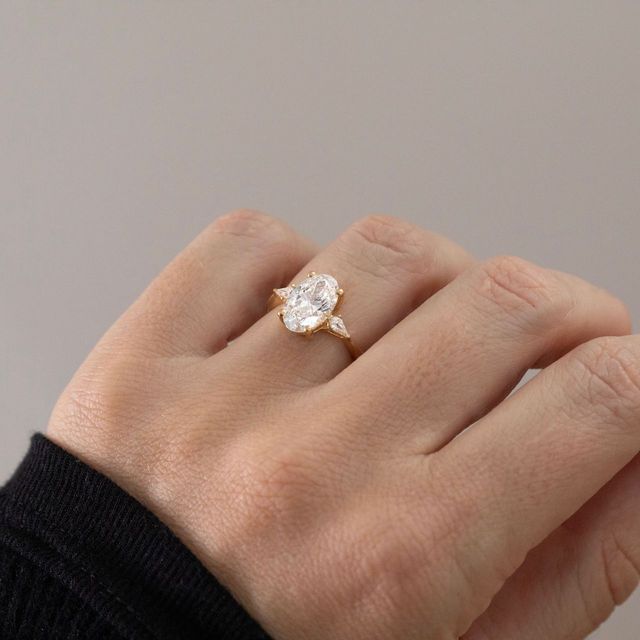 2.43 Carat Lab Grown Oval Diamond Trilogy Engagement Ring in Yellow Gold - Anam Cara