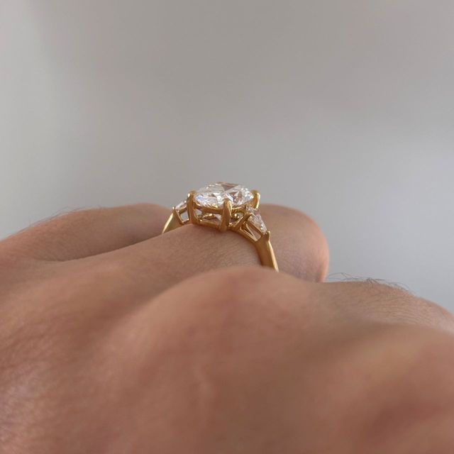 2.43 Carat Lab Grown Oval Diamond Trilogy Engagement Ring in Yellow Gold - Anam Cara